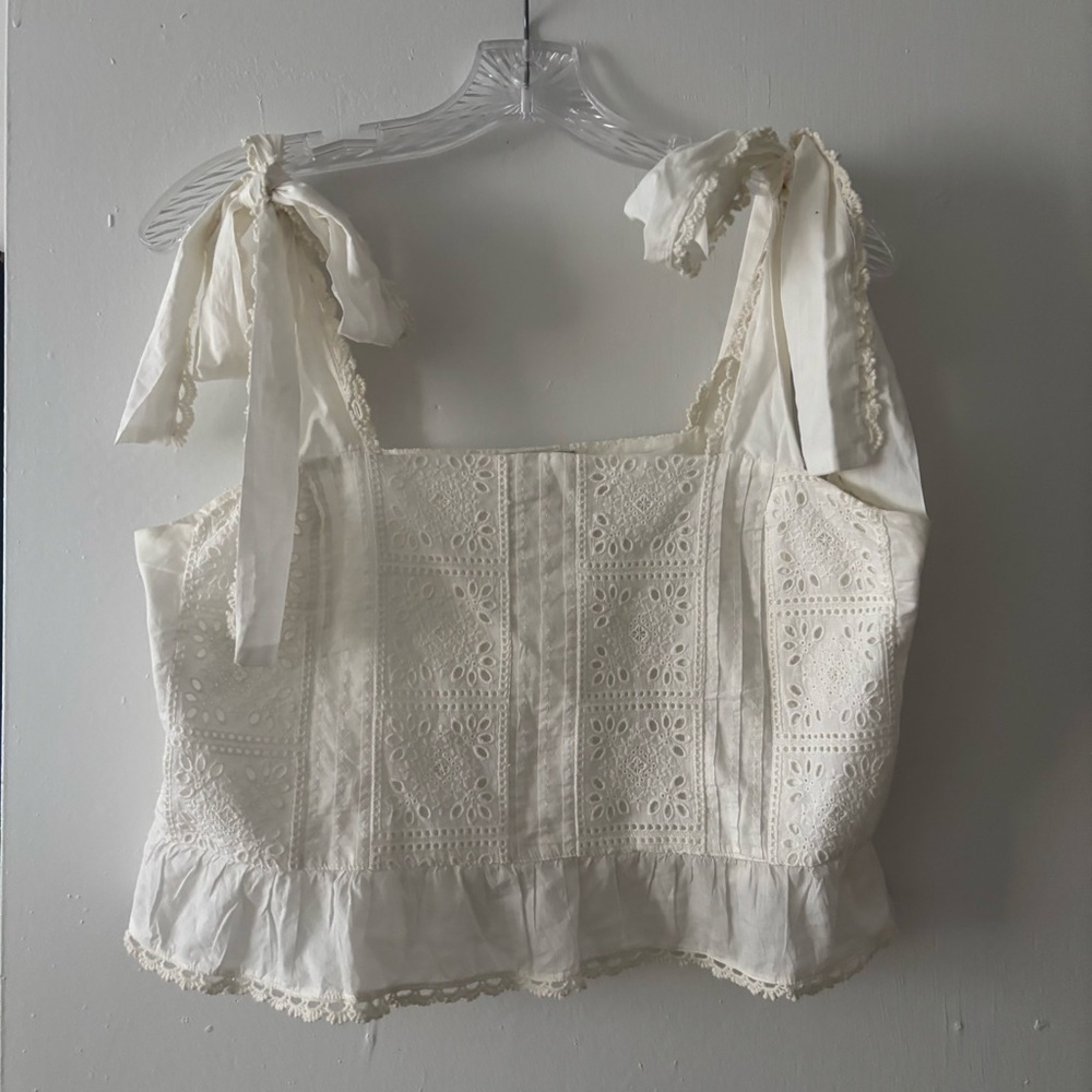 Farm Rio Off-White lace tie shoulder top